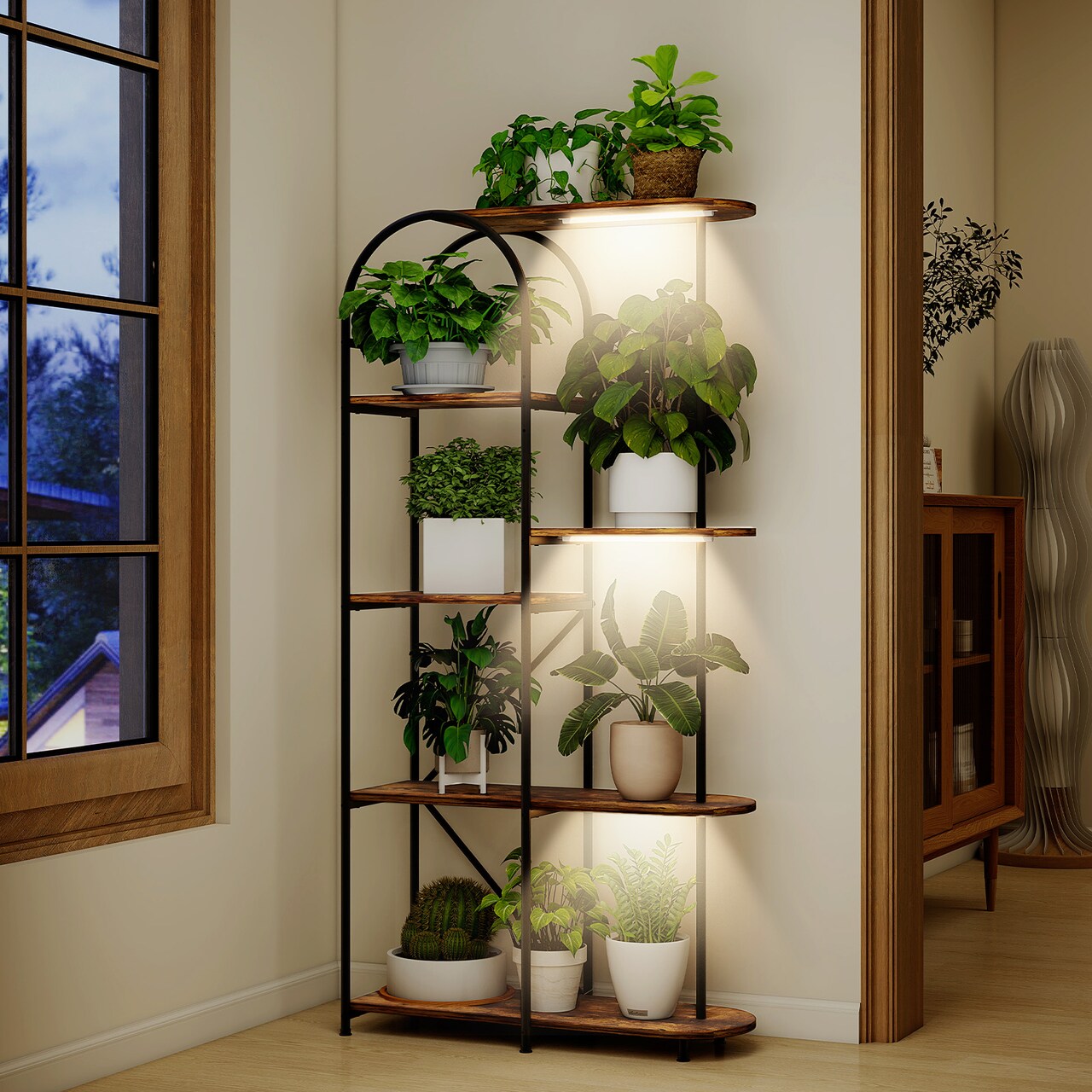 Plant Stand with Grow Lights, 6 Tier Plant Shelf Indoors, Corner Flower Display Stand for Multiple Plants , Multifunctional Storage Arch Large Capacity Plant Rack for Living Room, Balcony (Hot Color)